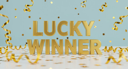 Poster - Lucky winner text decorations with golden confetti and ribbons. Golden lucky winner text for celebration with confetti and ribbons