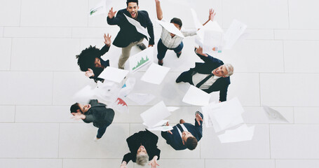 Poster - Business people, above and throw paper for goals, success or happy for profit, graphs and diversity in office. Men, women and circle with team, celebration and excited for revenue at investment firm