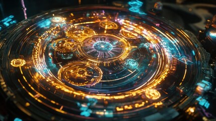 Poster - Futuristic Circular Mechanism with Glowing Orange and Teal Lights