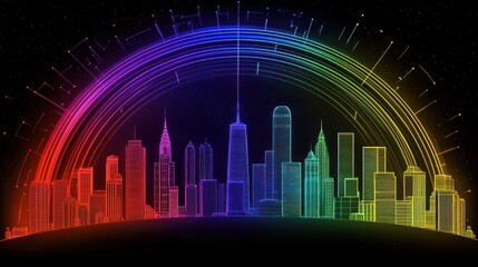 Poster - Neon Cityscape Illuminated by a Vibrant Rainbow Arc