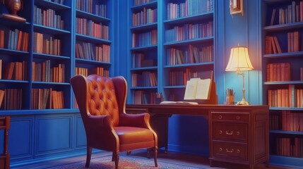 Poster - Elegant Library Study with Leather Chair and Bookshelves