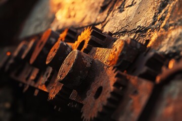 Rusty gears and cogs interlock, bathed in warm sunset light, showcasing age and texture.