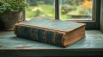 Aufkleber - Antique Book Rests On Weathered Windowsill Near Plants