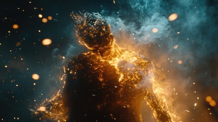 Poster - Fiery humanoid figure engulfed in flames and sparks