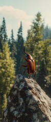 Beetle perched on rock, forest backdrop, nature scene