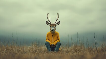 Wall Mural - a man sits in a field with a deer's head on his head, wearing a yellow sweater