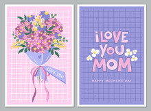 Mother's Day card set. Banner, poster, template or cover with a bouquet flowers and I love you mom inscription. Spring summer floral design. Vector illustration