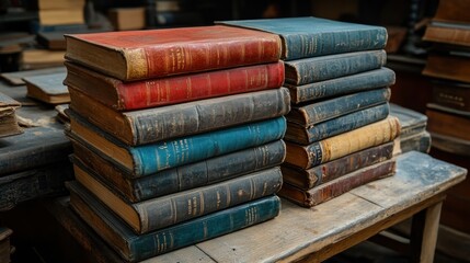Poster - Two Stacks Of Vintage Antique Books Resting On A Wooden Table