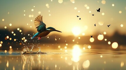 Wall Mural - a bird soaring above a tranquil lake, with ripples glistening on the shore beneath a radiant sunset