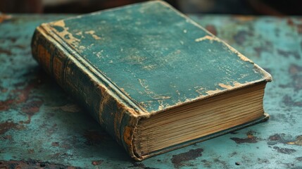 Poster - Antique Book Rests on Weathered Teal Surface