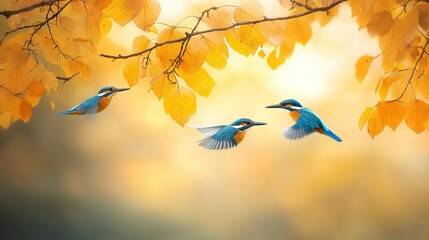 Poster -   Blue birds flying together on a tree branch with yellow leaves in the foreground