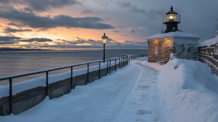 Poster - Winter Sunrise Lighthouse Seascape Snowy Pathway