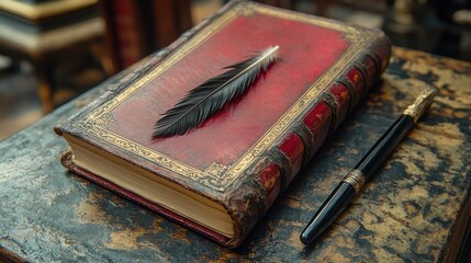 Poster - Antique Book Feather Pen Resting on Wooden Surface