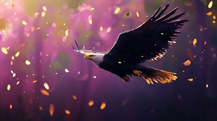 Wall Mural - a bald eagle soaring through the sky, wings spread wide, head turned left