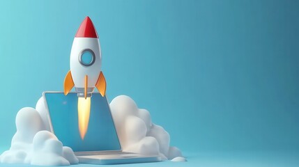 Poster - Rocket coming out of laptop screen, blue background. AI digital illustration