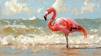 Wall Mural -   A painting depicts a pink flamingo standing in the water near a beach, with a wave cresting in the background