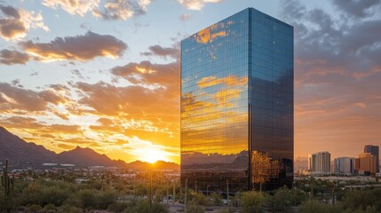 Poster - Glass Tower Reflecting Sunset Over Desert Mountains