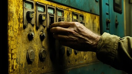 Poster - Weathered Hand Operates Vintage Industrial Control Panel