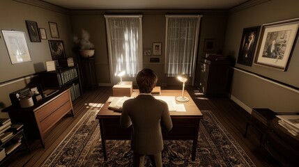 Poster - Man Works at Desk in a Victorian Study Room