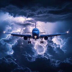 Poster - Airplane navigating through turbulent storm clouds with lightning illuminating the sky. Generative AI