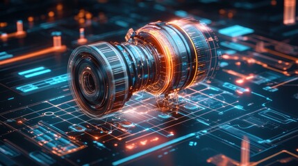 Poster - Futuristic Camera Lens Hologram on Circuit Board
