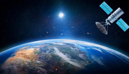 satellite orbiting earth a satellite orbiting earth with the planet and stars in the background