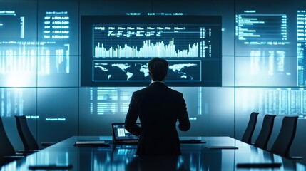 Poster - Businessman reviewing global market data on large screens
