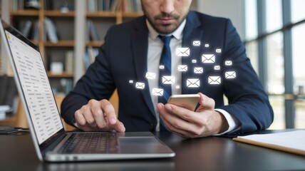Businessman Managing Emails on Laptop and Smartphone