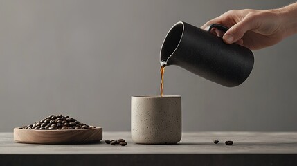 Wall Mural -   A person pours coffee from a carafe into a mug, flanked by an overflowing ceramic bowl of coffee grounds and a simple wooden bowl