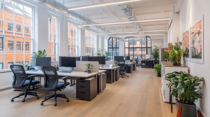 Poster - Modern Office Workspace With Large Windows and Plants