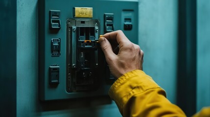Poster - A hand operates an electrical circuit breaker panel