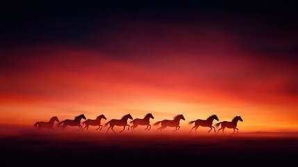 Sticker -   A group of horses galloping through a field against a vibrant red sky in the background