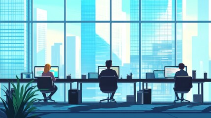 Poster - Modern Office Workers View City Skyline From Large Windows