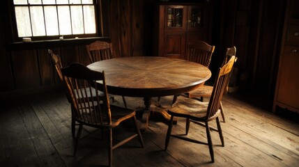 Aufkleber - Rustic Wooden Table Surrounded by Old Chairs in a Room