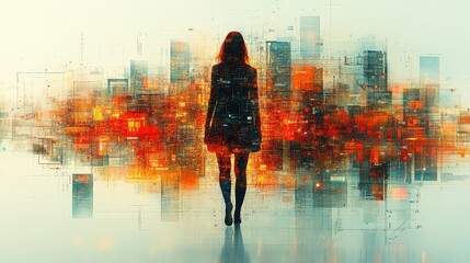 Wall Mural - A silhouette of a woman stands before a digitally enhanced cityscape, glowing with vibrant colors