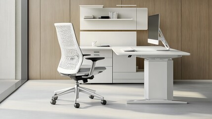 Poster - Modern White Office Setup With Ergonomic Chair And Desk