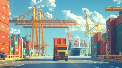 Poster - Container Ship Docks Cargo Truck Transport Delivery