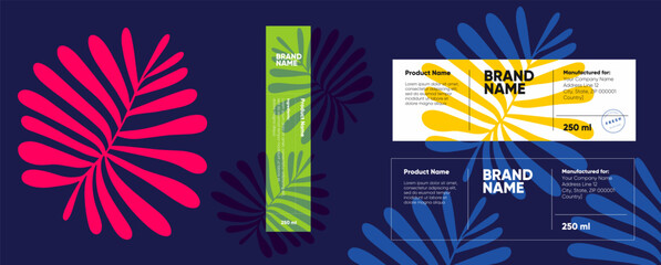 Poster - modern minimalist label design featuring abstract leaves and bold typography. contrasting colors and