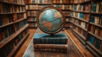 Poster - Globe resting on books in a grand library