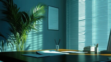Poster - Serene Office Workspace with Palm Plant and Sunlight