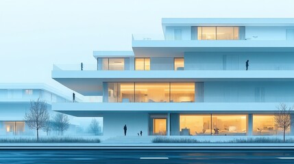 Wall Mural - Modern architectural design featuring a minimalist building in a foggy urban setting with people