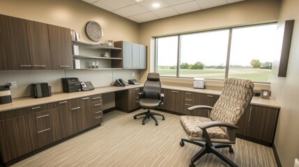 Poster - Modern Office Space With Desk And Two Ergonomic Chairs