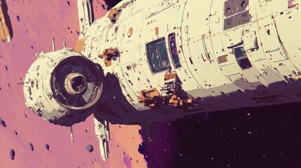 Poster - Spaceship orbiting a pink planet amidst asteroids