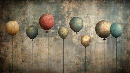 Poster - Eight Distressed Balloons Ascend Against A Weathered Wall