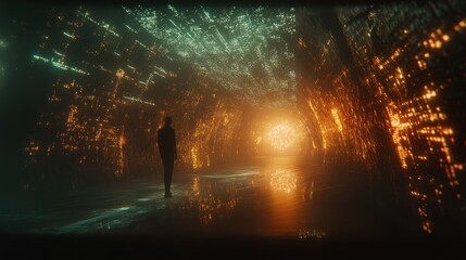 Aufkleber - Silhouette Figure Stands Within A Luminous Data Tunnel