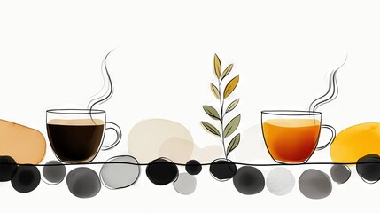 Wall Mural -   A line of coffee cups stacked beside juicy oranges and a sprig of fresh leaves