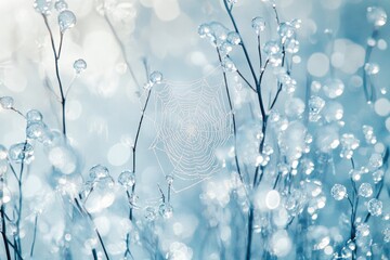 Wall Mural - Frozen spiderweb delicately adorned with icy dew on frosty winter plants.