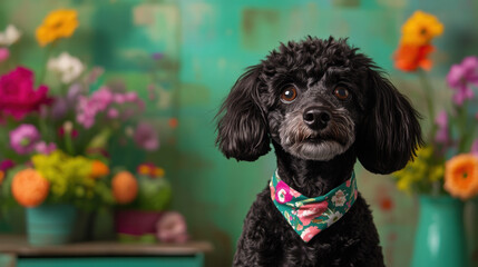 Wall Mural - Poodle dog, A fashionable black poodle wearing a bandana, captured in high fidelity, perfect for pet-themed projects.