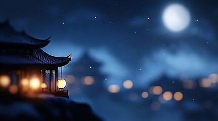 Wall Mural -   A lantern illuminated the night sky as the full moon stood tall behind it and a building loomed in the foreground