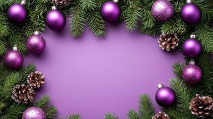 Wall Mural - A vibrantly adorned purple Christmas backdrop featuring ornaments and pine branches, perfect for holiday festivities and gatherings